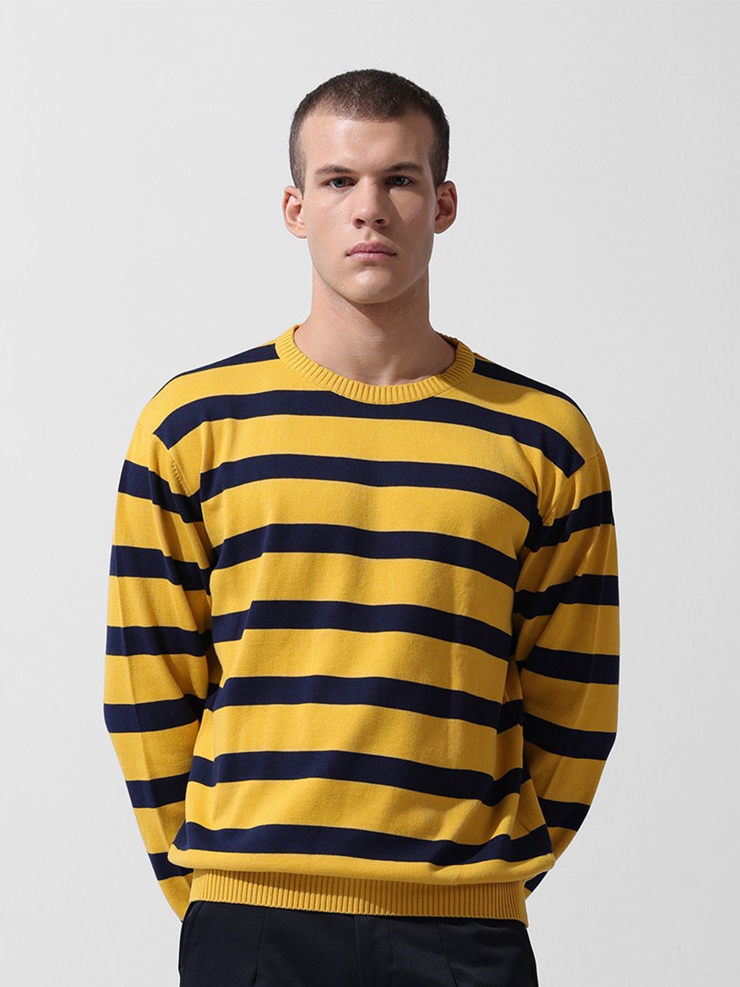 The Indian Garage Co Men Flat Knit Oversized Striped T-Shirt