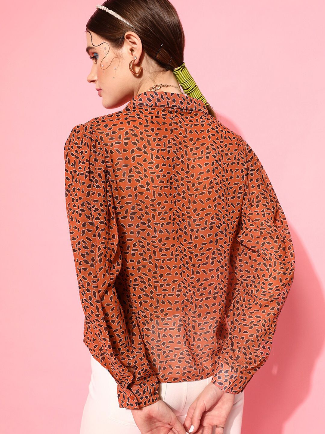STREET 9 Women Rust Comfort Boxy Sheer Printed Casual Shirt