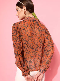 STREET 9 Women Rust Comfort Boxy Sheer Printed Casual Shirt