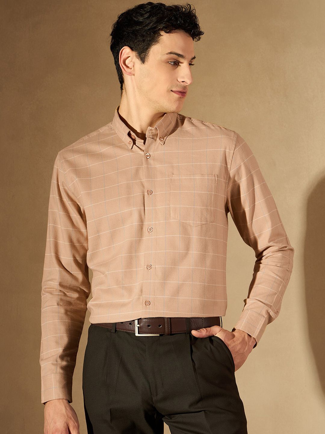DENNISON Windowpane Checked Button-Down Collar Cotton Smart Formal Shirt