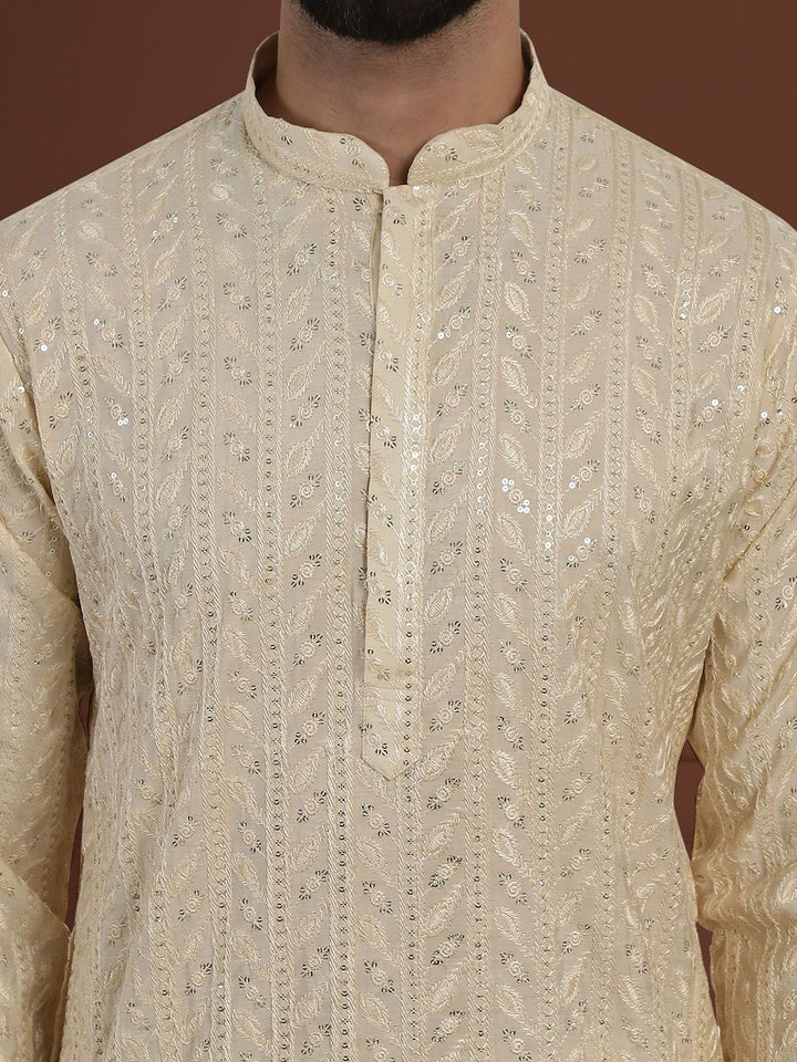 SOJANYA LUXE Bunga Sulam Labuci Mandarin Kolar Kapas Sutera Lurus Kurta