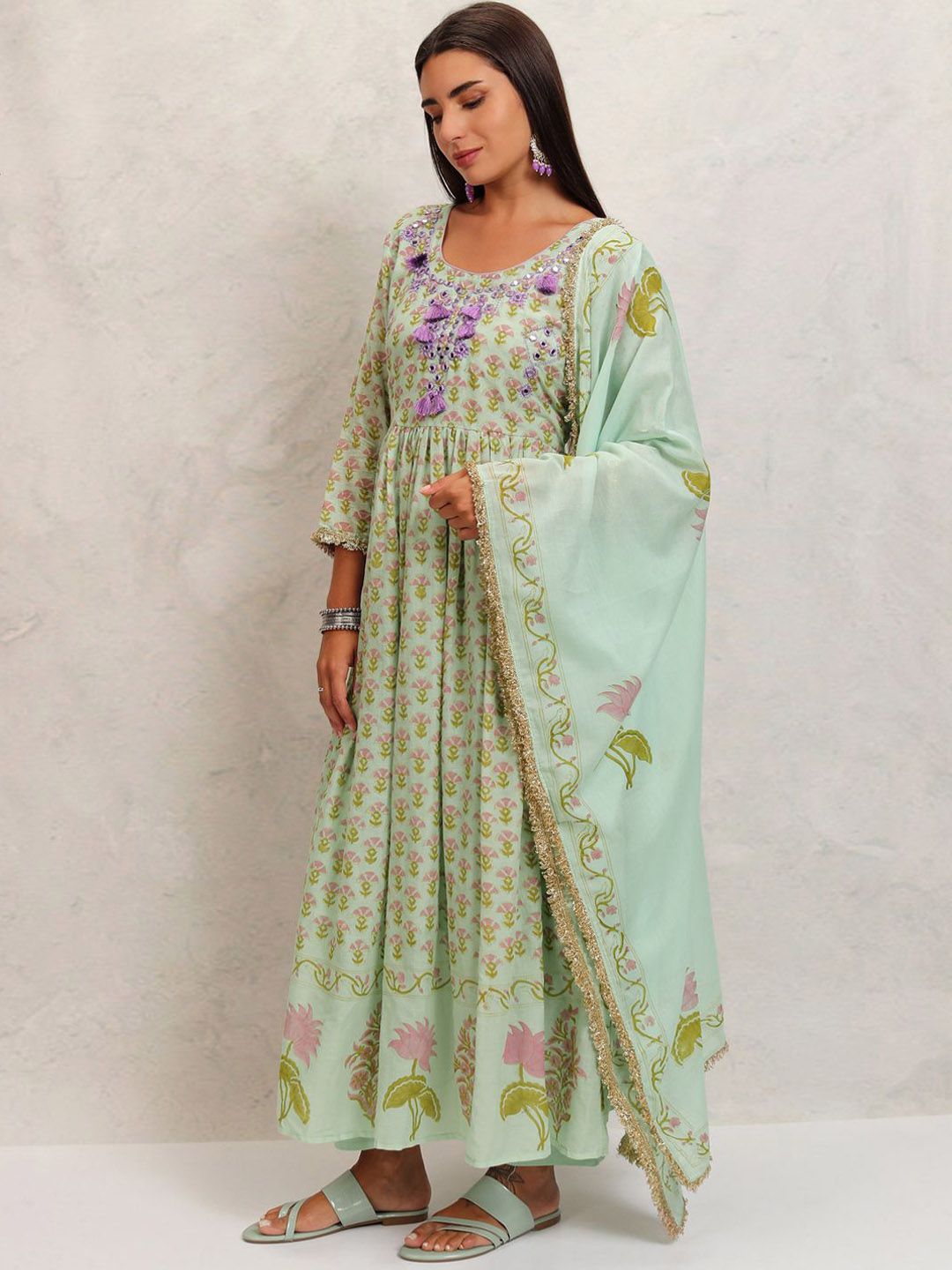 Vishudh Green Printed Mirror Work Pure Cotton Anarkali Kurta With Trousers & Dupatta
