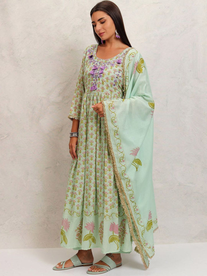 Vishudh Green Printed Mirror Work Pure Cotton Anarkali Kurta With Trousers & Dupatta