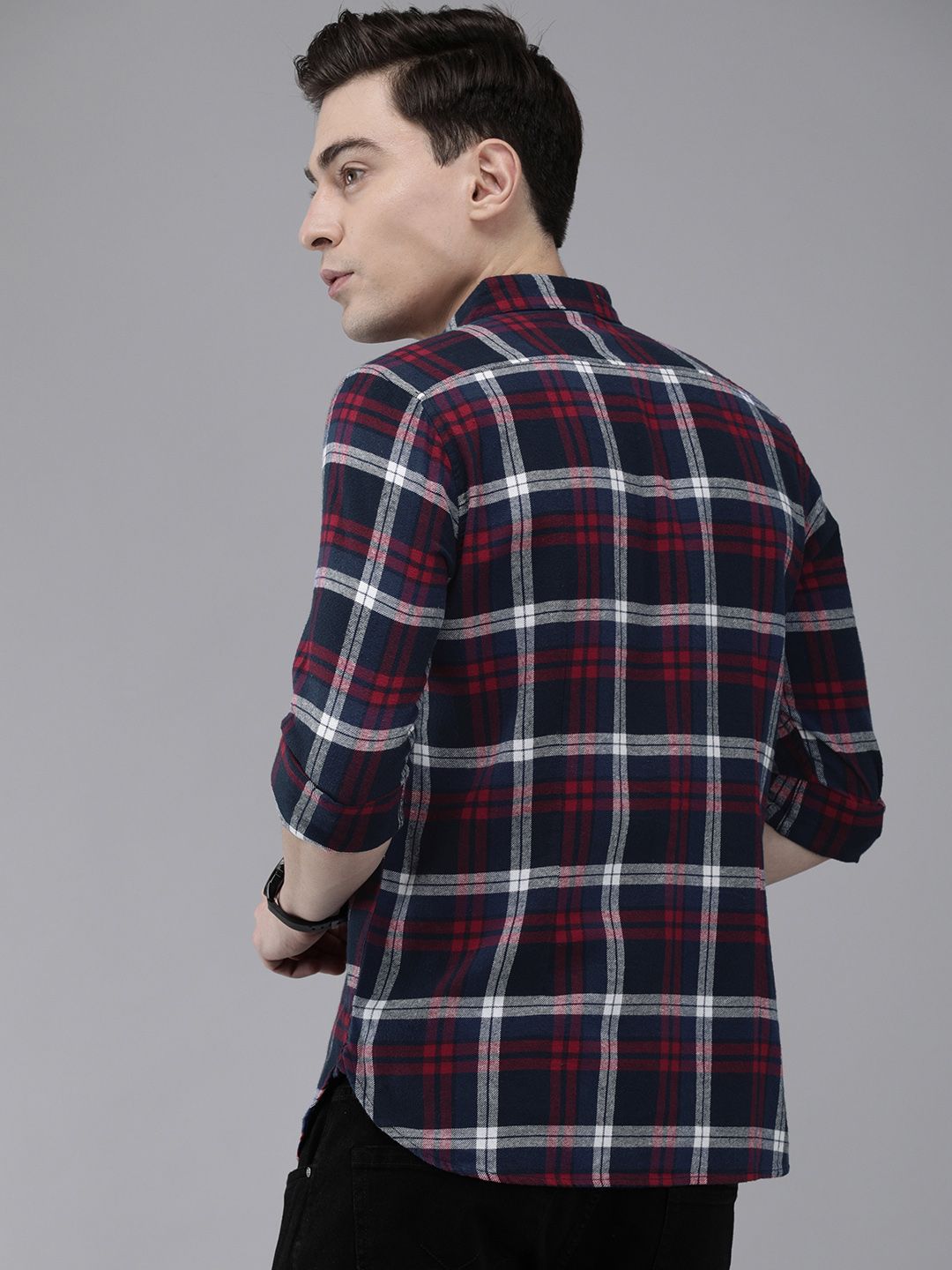 THE BEAR HOUSE Men Navy Blue Slim Fit Tartan Checked Flannel Pure Cotton Casual Shirt