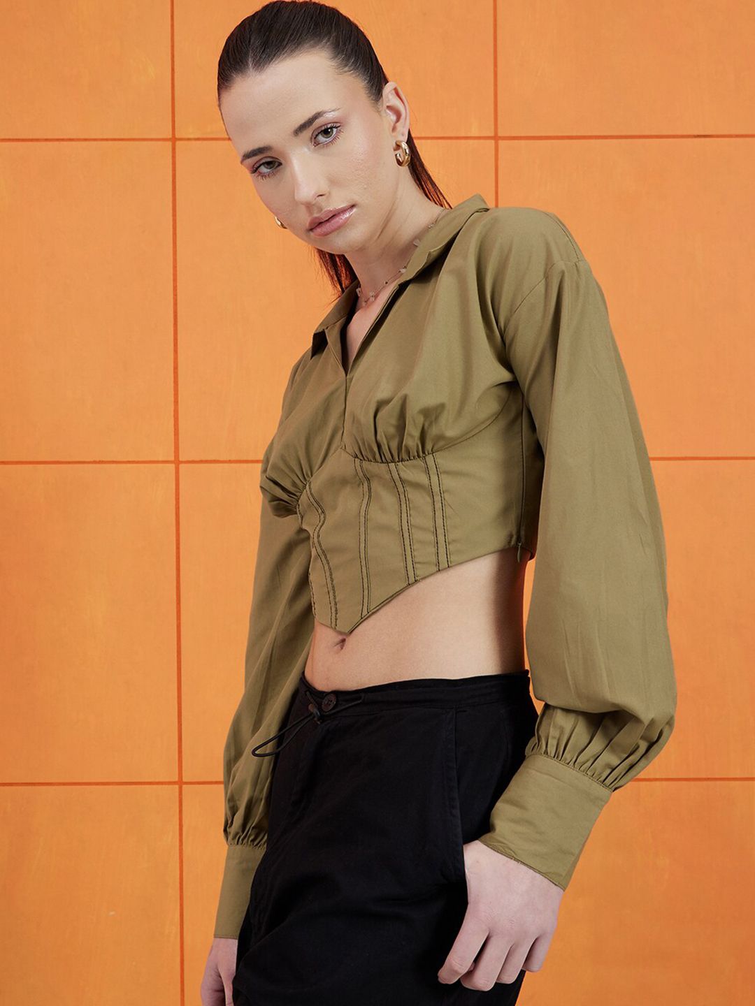 STREET 9 Green Shirt Collar Cuffed Sleeves Pure Cotton Crop Empire Top