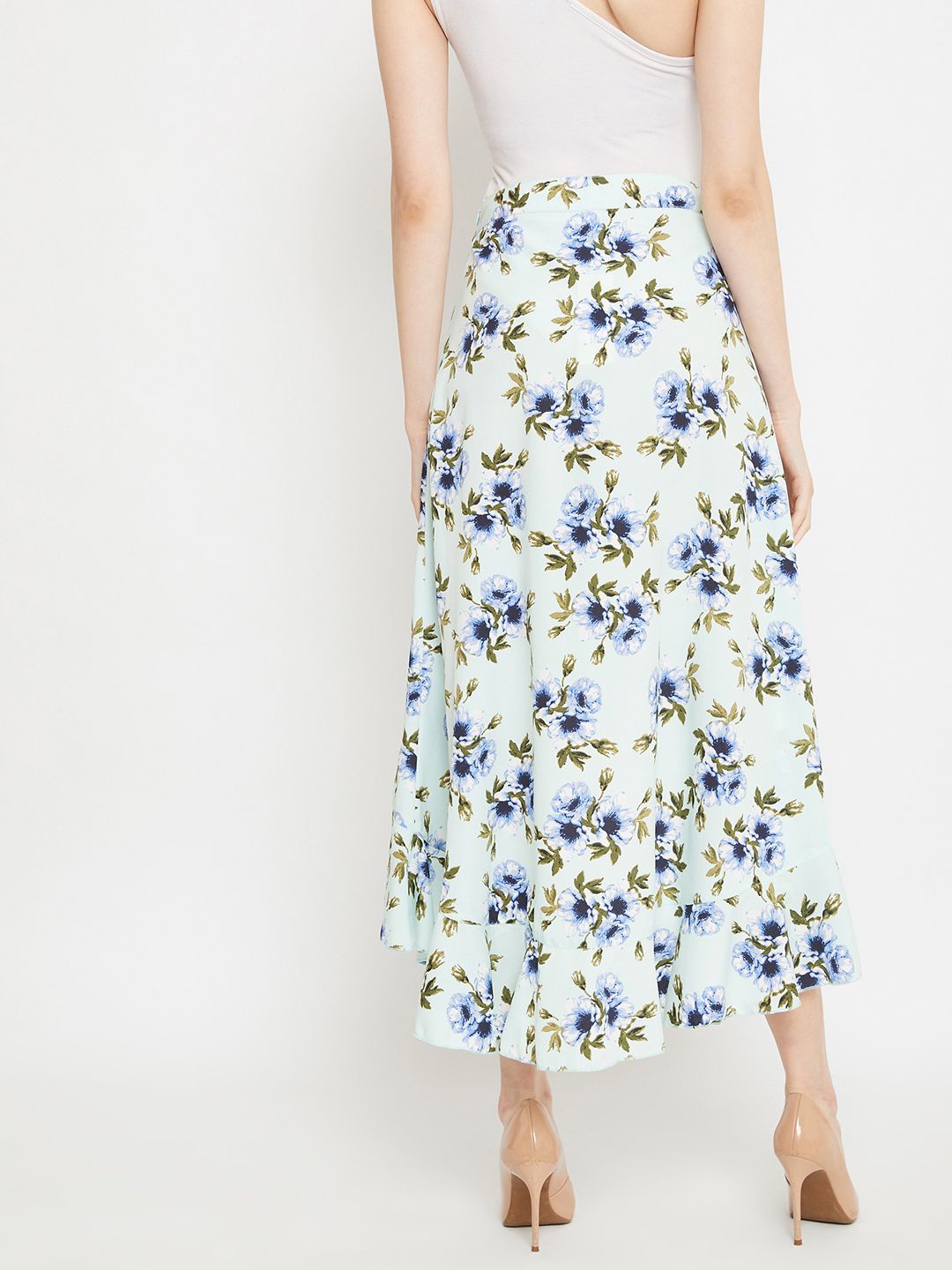 Berrylush Sea Green & Blue Floral Printed Wrap Midi Skirt