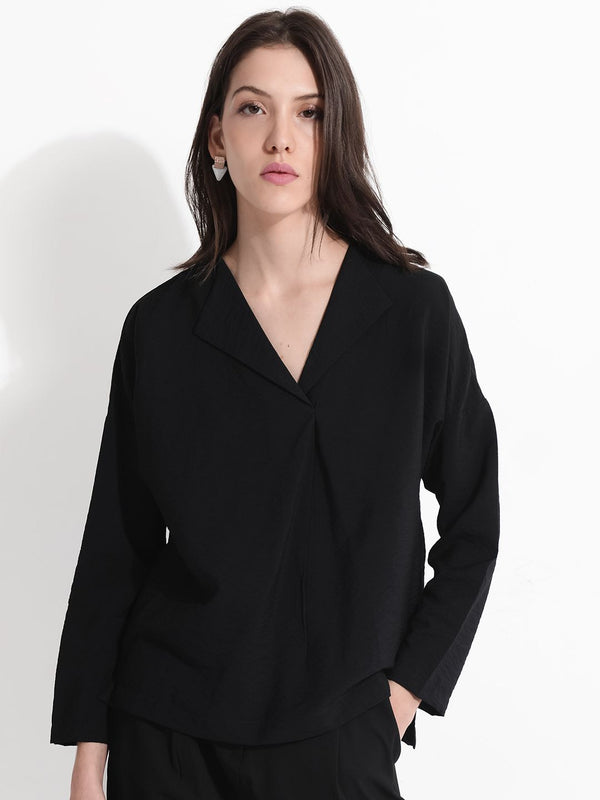 RAREISM Solid Lapel Collar Cotton Top