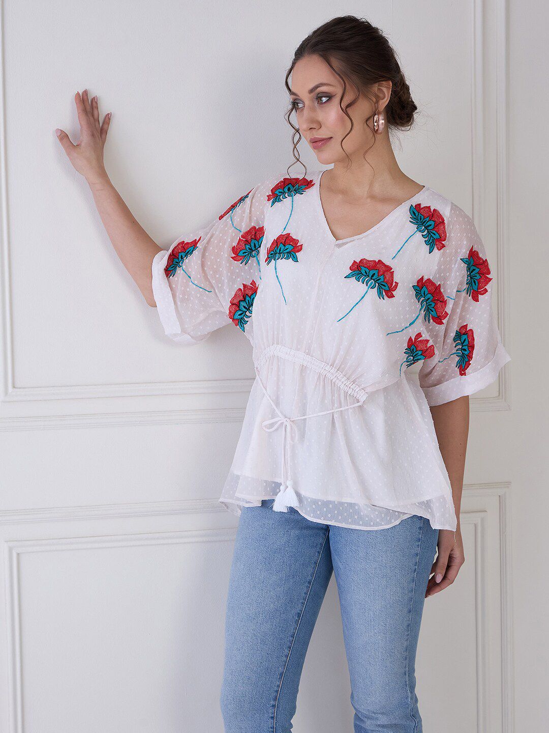 Antheaa Floral Embroidered Extended Sleeves Chiffon Kaftan Top