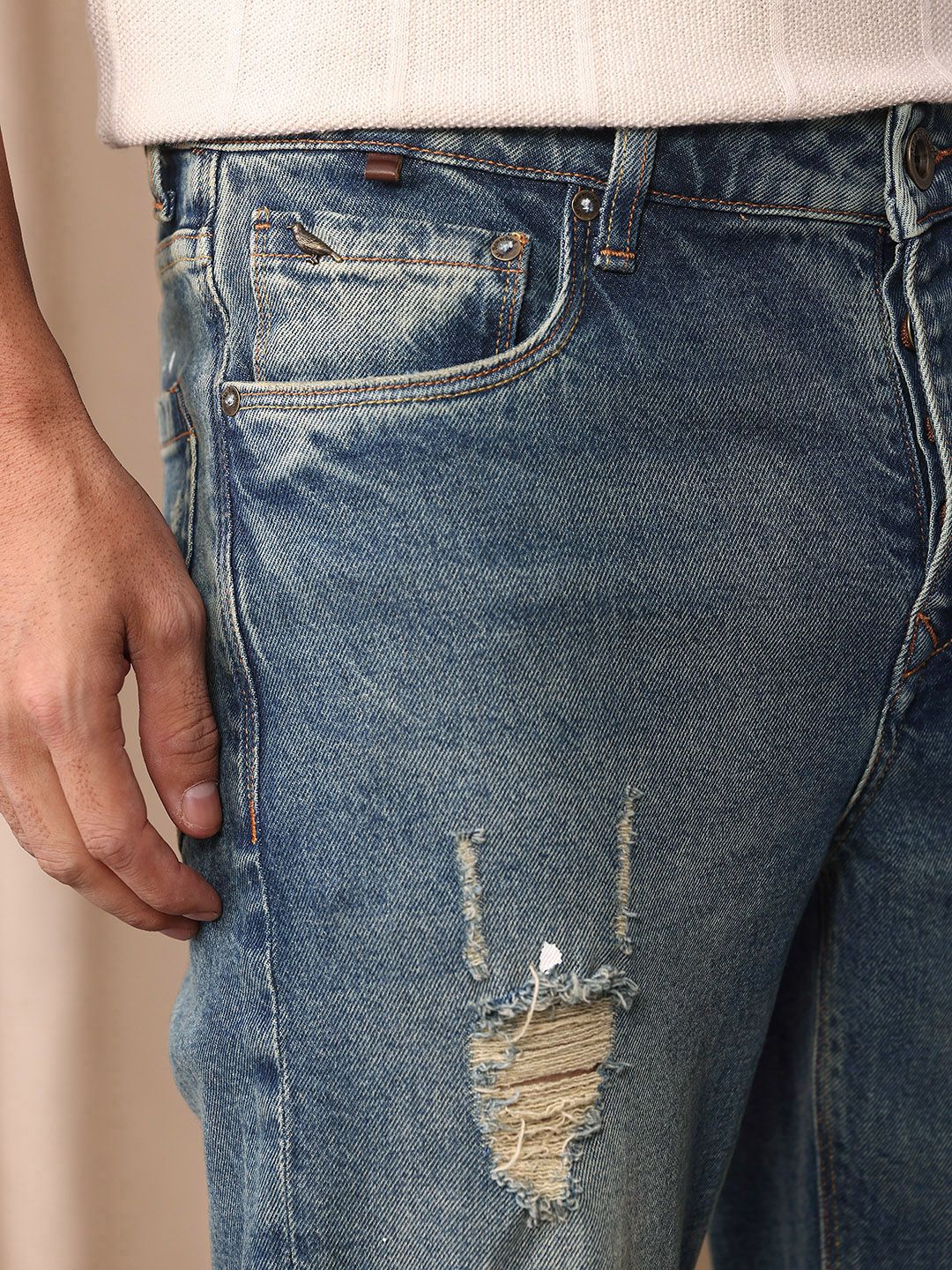 Mr Bowerbird Men Tapered Fit Mid-Rise Low Distress Heavy Fade Cropped Stretchable Jeans