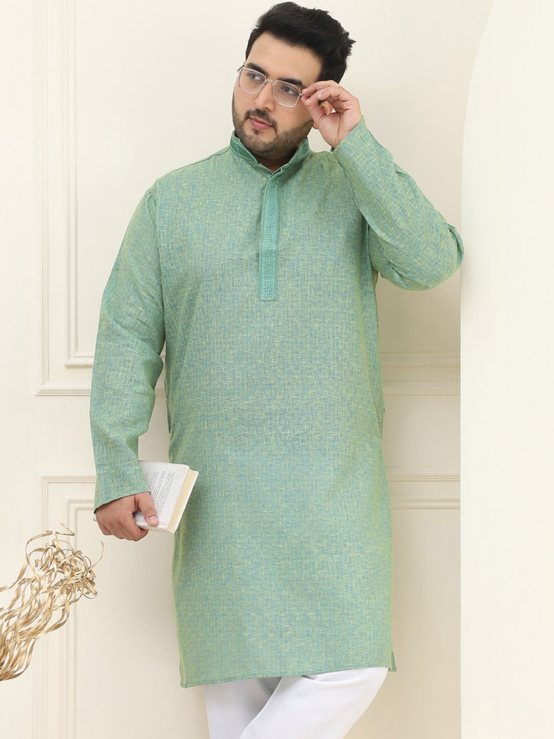 SOJANYA PLUS Men Plus Size Green Self-Checked Cotton Straight Kurta