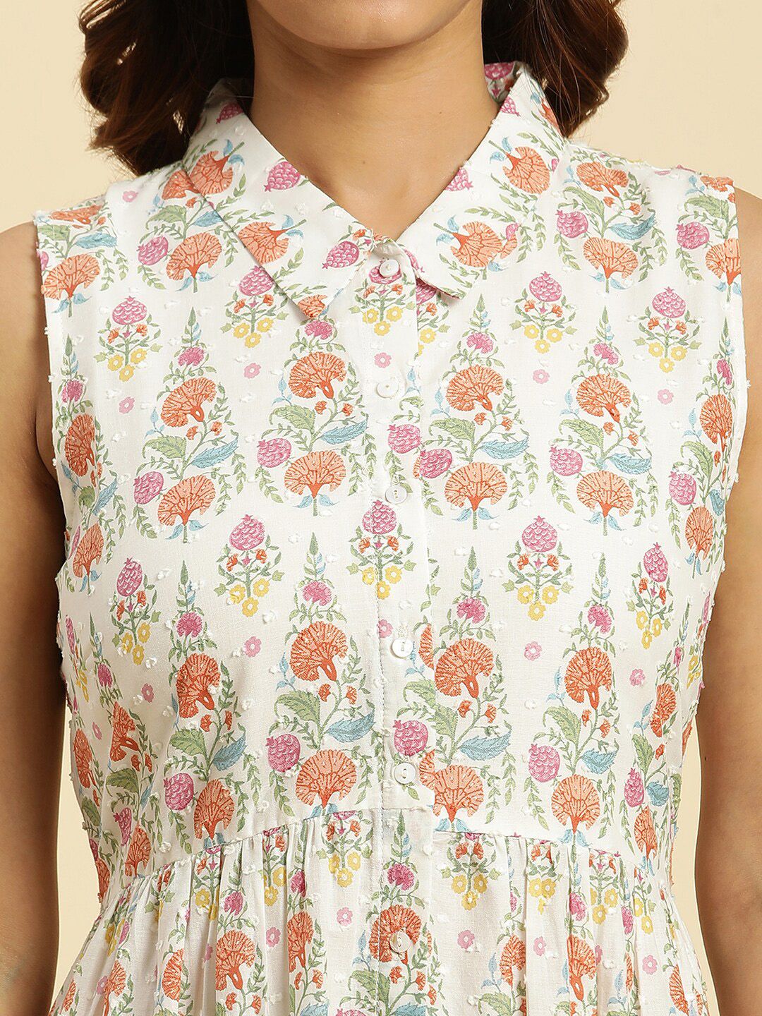 W Floral Printed Shirt Collar Pure Cotton Anarkali Kurta with Trousers