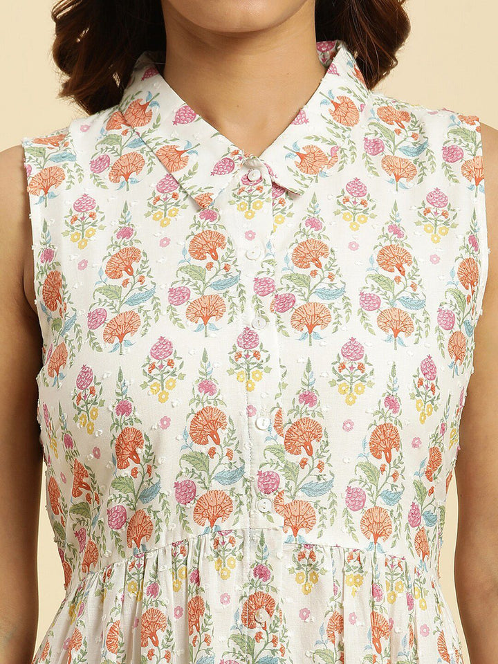 W Floral Printed Shirt Collar Pure Cotton Anarkali Kurta with Trousers
