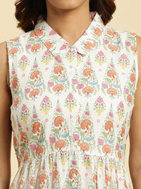 W Floral Printed Shirt Collar Pure Cotton Anarkali Kurta with Trousers