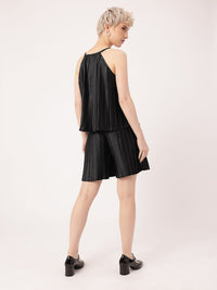 DressBerry Delightful Grace Accordion Pleats Tie-Up Neck Top With Flared Shorts Co-Ords