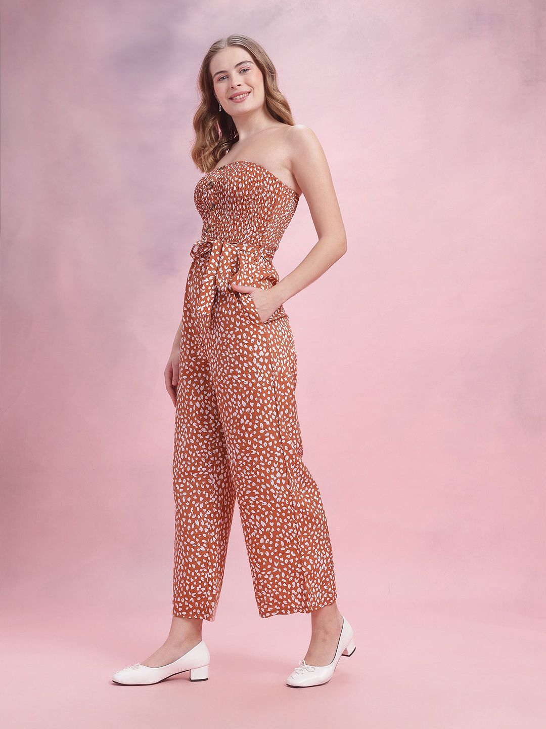 DressBerry Off-Shoulder Smocked Printed Belted Basic Jumpsuit