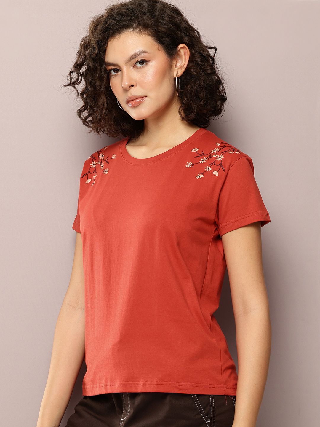 DILLINGER Women Boxy Regular Embroidery Crew Neck Tshirt