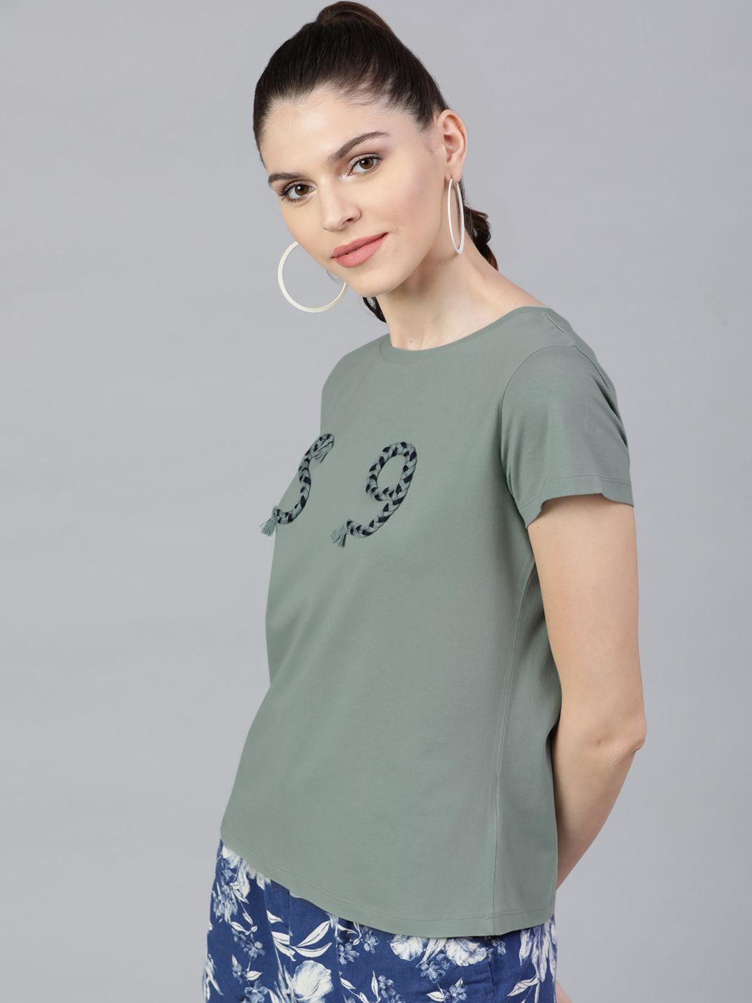 STREET 9 Women Olive Green Printed Round Neck T-shirt