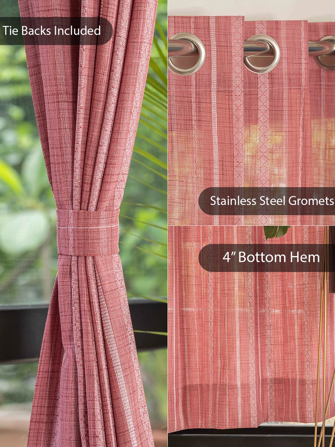 URBAN SPACE Pink & White 2 Pieces Embroidered Sheer Window Curtain