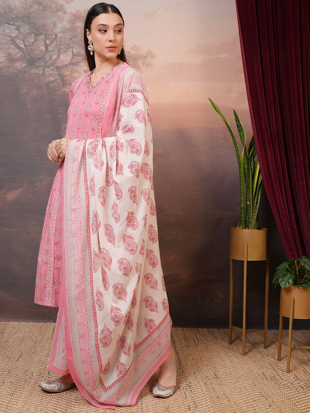 Vishudh Peach Floral Printed Pure Cotton Panelled A-Line Kurta With Salwar & Dupatta