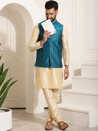 SOJANYA Kurta Lelaki Emas & Hijau Teal dengan Jaket Churidar Dan Nehru