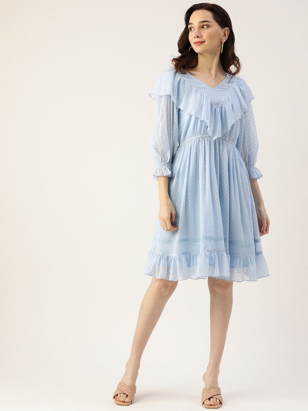 Antheaa Women Blue Dobby Weave Ruffle Detail A-Line Dress