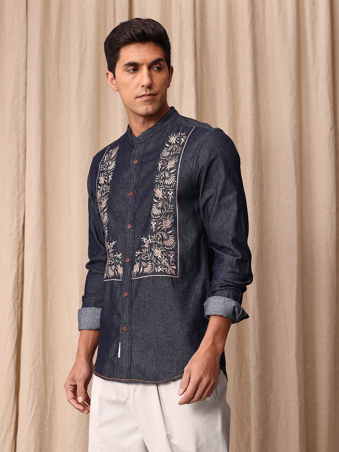 Mr Bowerbird Pure Cotton Tailored Fit Floral Embroidered Denim Casual Shirt