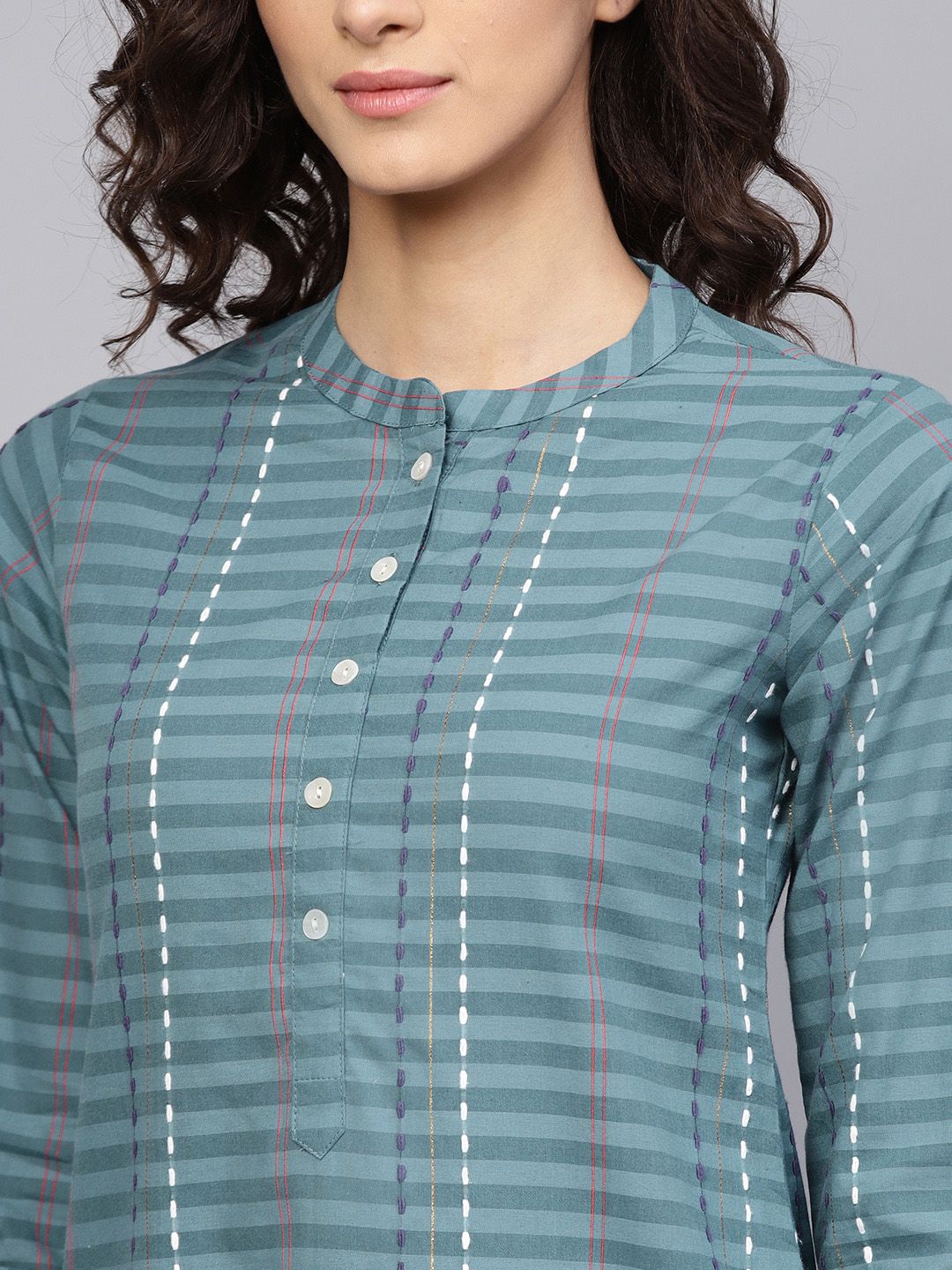 Libas Women Grey Striped Straight Kurta