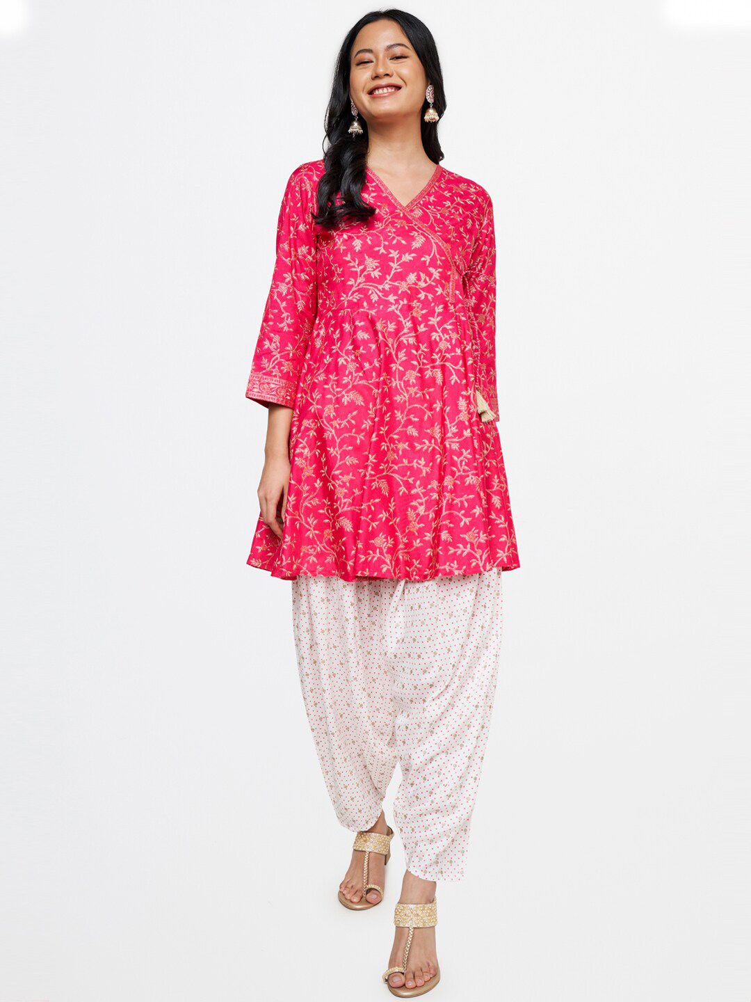 Global Desi Women Pink Ethnic Motifs Printed Angrakha Kurta with Dhoti Pants