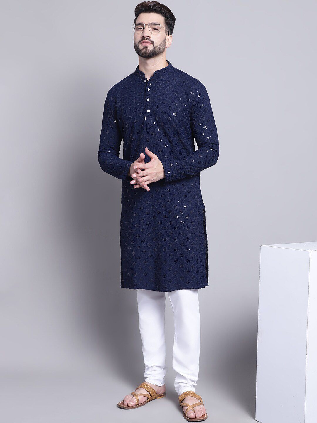 SOJANYA Geometric Embroidered Sequence Mandarin Collar Pure Cotton Kurta