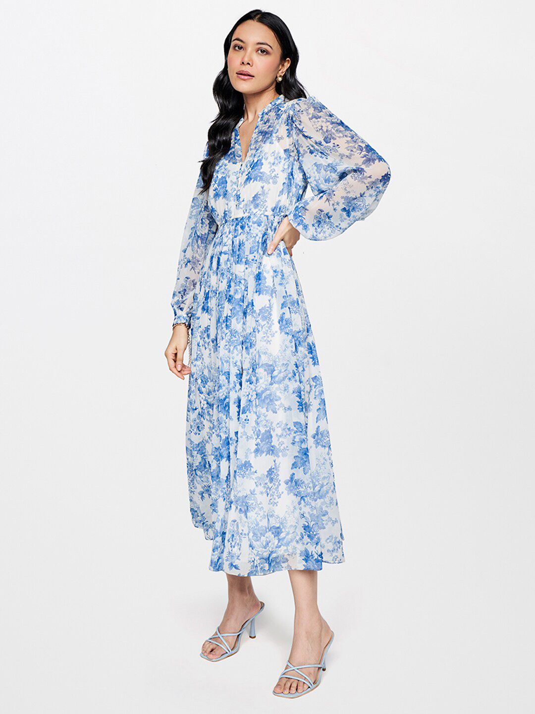 AND Floral Printed Mandarin Collar Puff Sleeve Gathered A-Line Maxi Dress