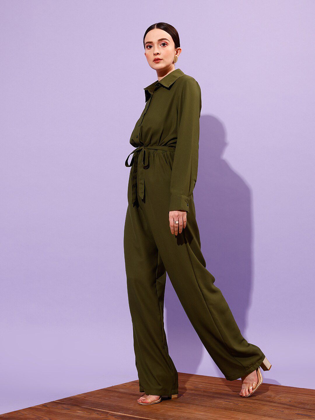 WORK IT by STREET 9 Shirt Collar Long Sleeve Waist Tie-Ups Basic Jumpsuit