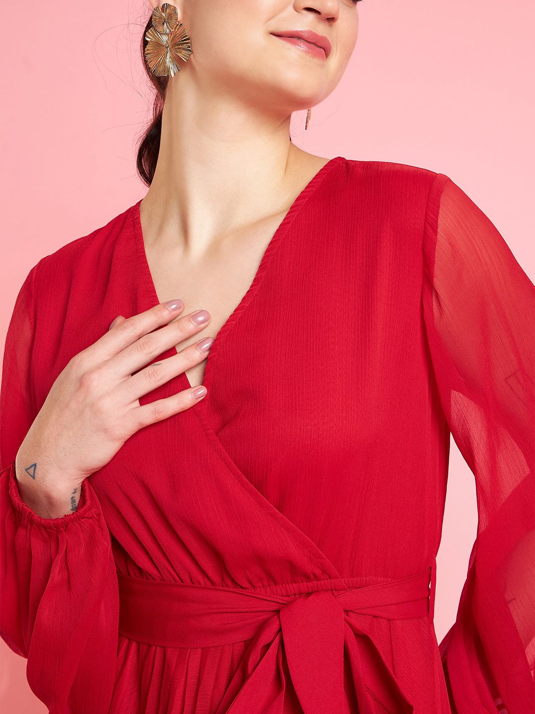 Antheaa Red V-Neck Bishop Sleeves Maxi Opaque Party Dress