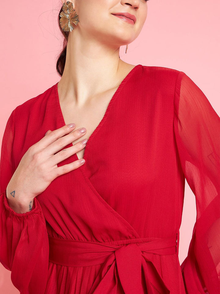 Antheaa Red V-Neck Bishop Sleeves Maxi Opaque Party Dress