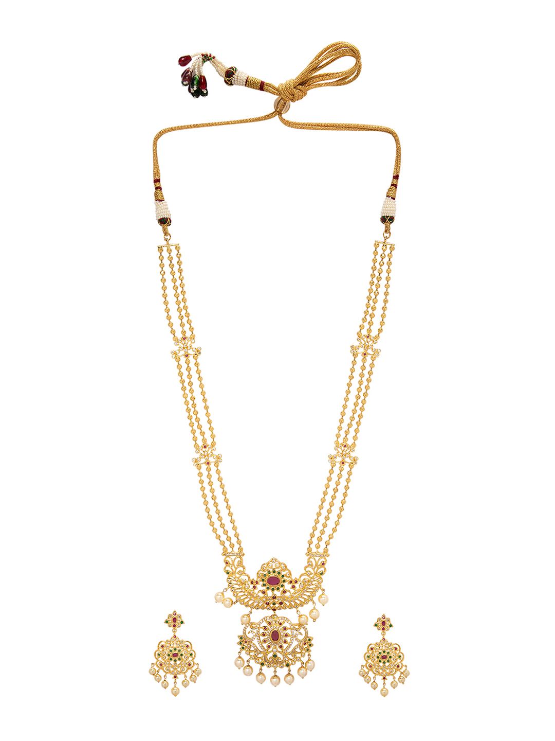 Rubans 22K Gold-Plated Ruby & CZ Studded Multistand Jewellery Set with Pearl Accents