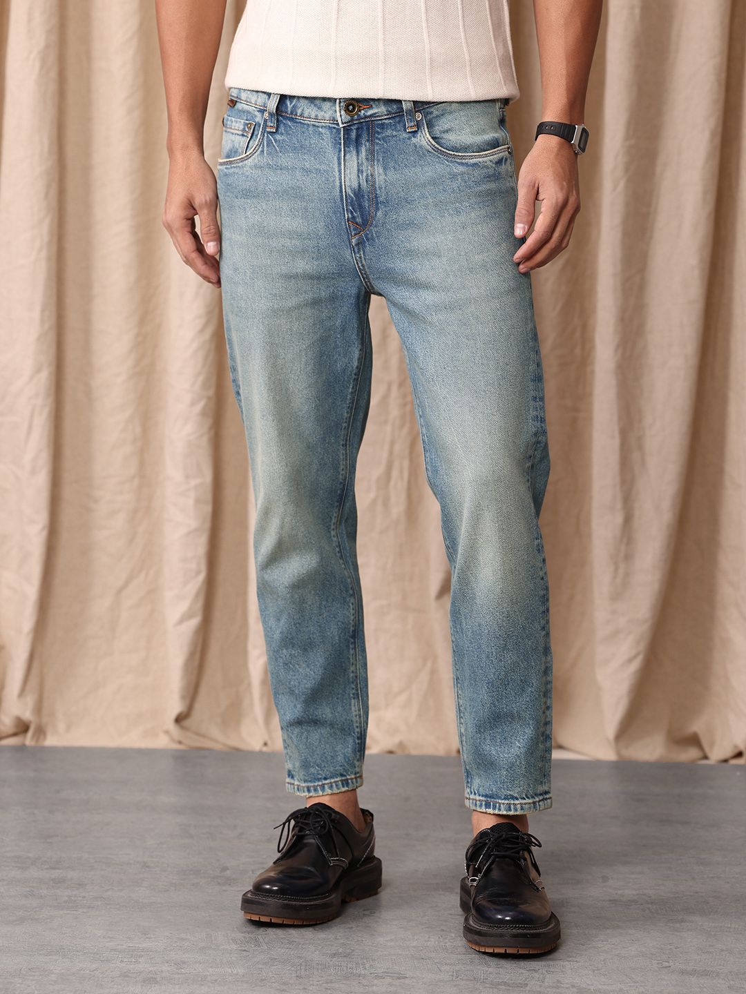 Mr Bowerbird Men Tapered Fit Mid-Rise Heavy Fade Printed Cropped Stretchable Jeans