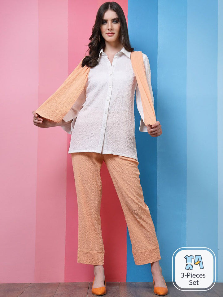 Athena White & Peach Self-Design Shirt Collar Shirt With Trousers & Scarf Co-Ords