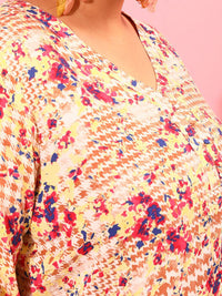 CURVY STREET V-Neck Floral Printed Cuff Sleeves Top