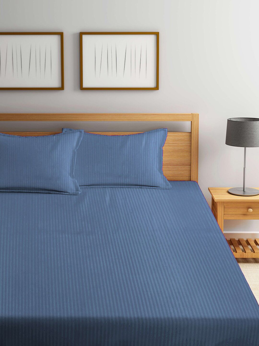 KLOTTHE Blue Striped 300 TC King Bedsheet with 2 Pillow Covers