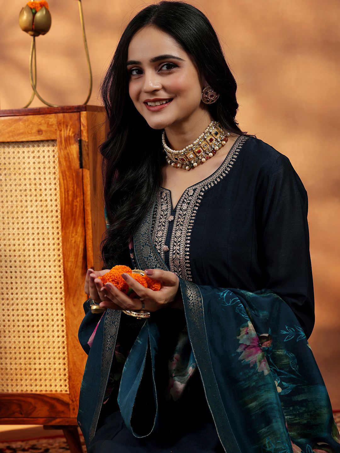 Libas Women Floral Yoke Design Panelled Kurta with Trousers & With Dupatta