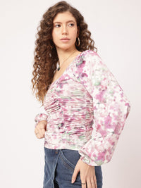 DressBerry Pastel Dreams Floral Print Puff Sleeves Ruched Top