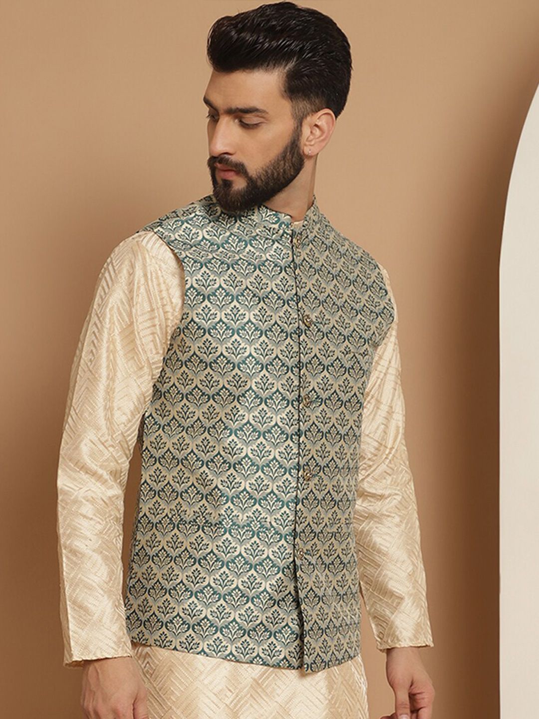Jaket Nehru Kolar Mandarin Rekaan Tenun Hijau Anouk