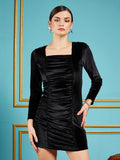 SASSAFRAS Black Square Neck Gathered Detail Velvet Bodycon Dress