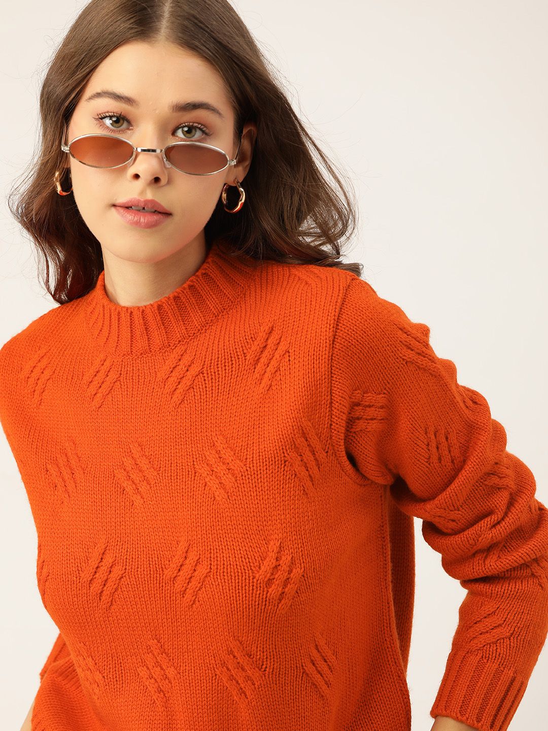 DressBerry Women Rust Orange Acrylic Cable Knit Pullover