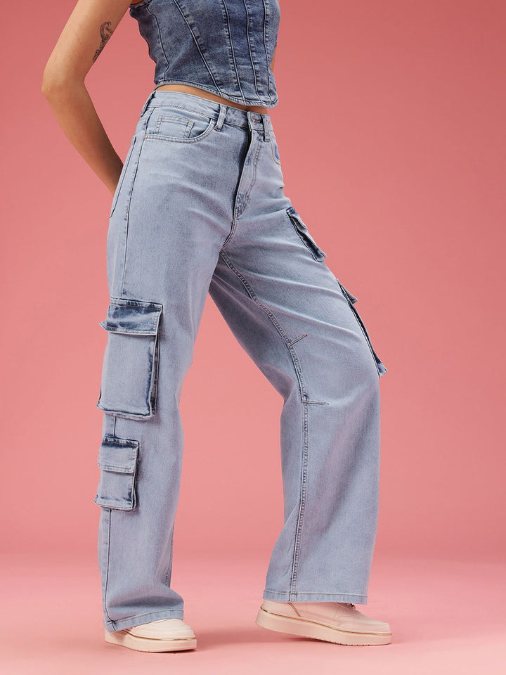 DressBerry Women Baggy Wide Leg Fit High-Rise Light Fade Stretchable Jeans