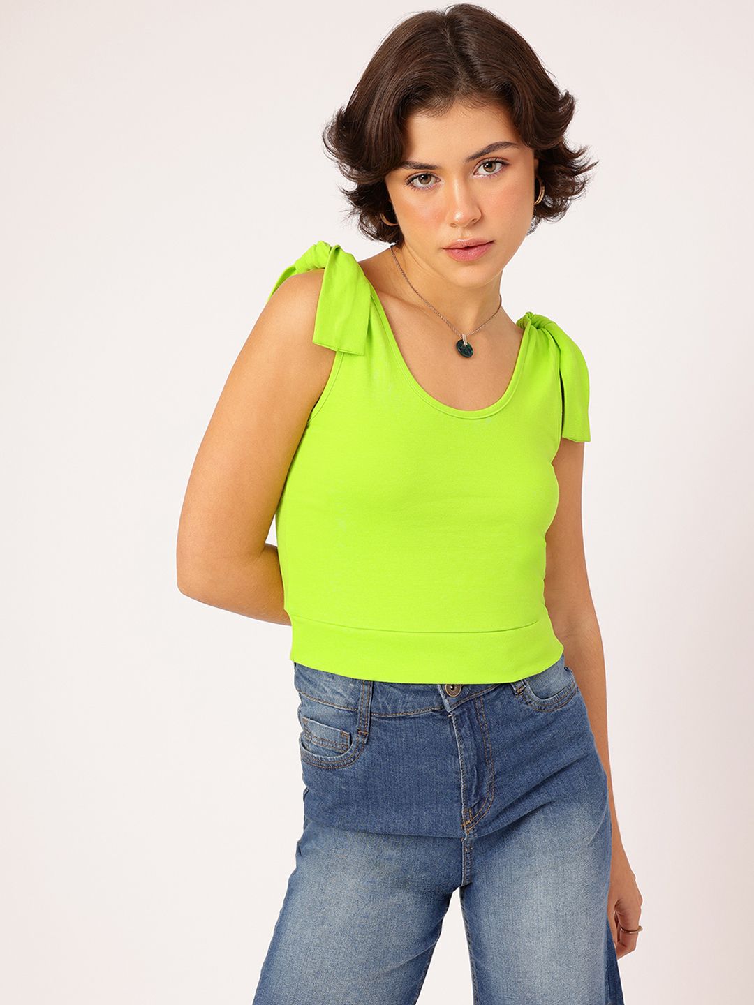 DressBerry Cyber Lime Tie-Up Straps Fitted Crop Top