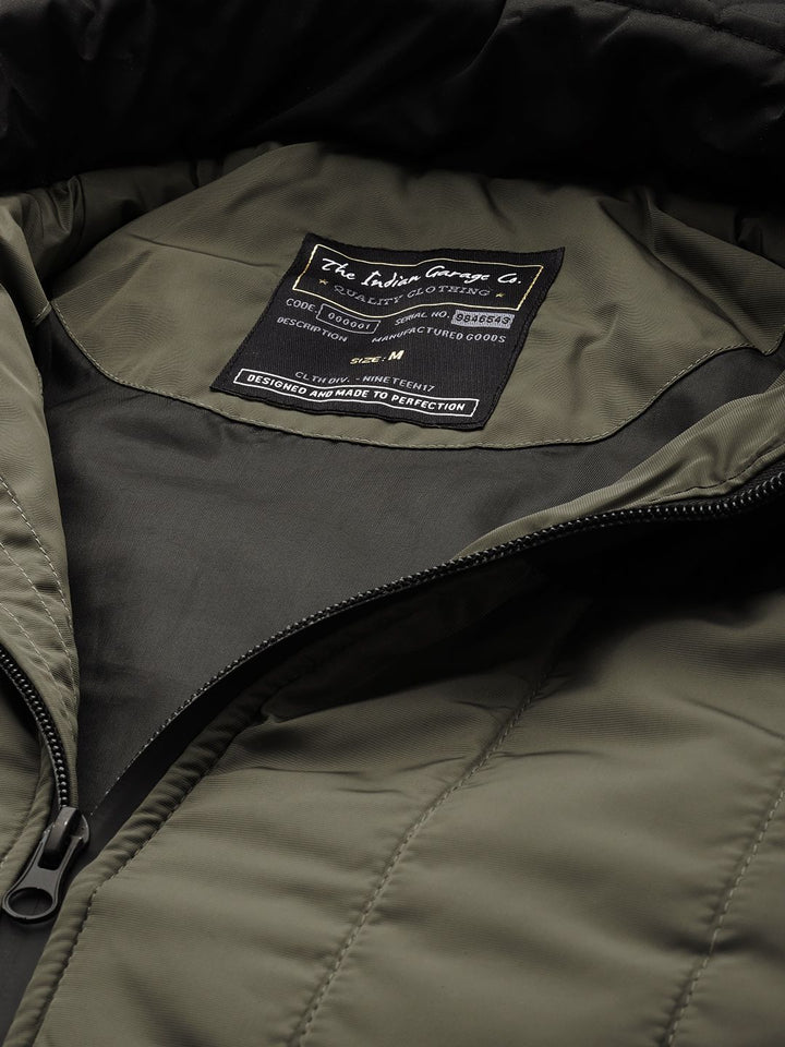 The Indian Garage Co Men Colourblock Zip-Front Slim Fit Bomber Jacket with Detachable Hood