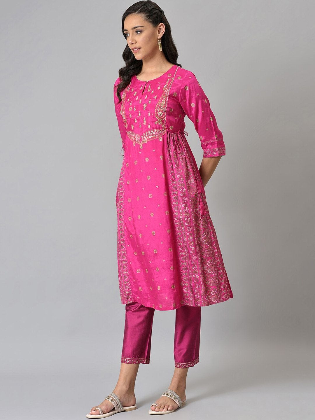 W Women Pink Ethnic Motifs Embellished Handloom Anarkali Kurta