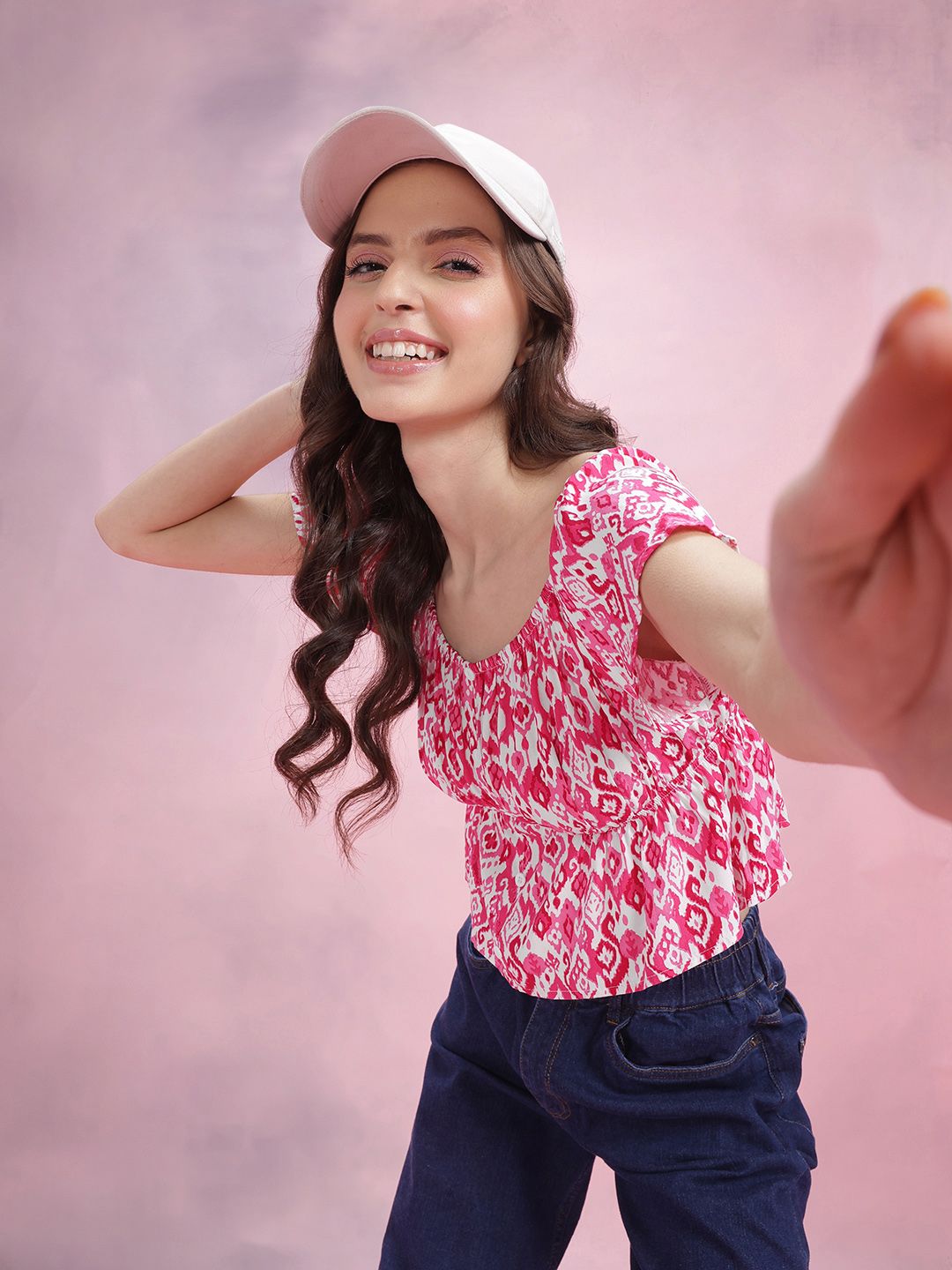 DressBerry Print Puff Sleeve Empire Crop Top