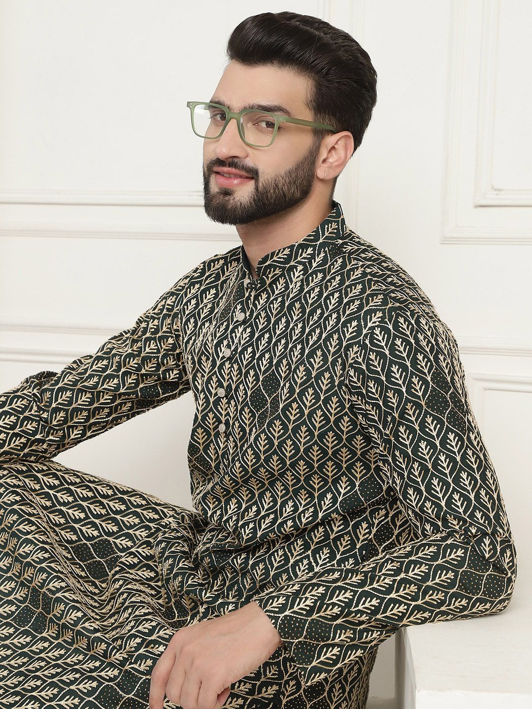 SOJANYA Kolar Mandarin Sulam Bunga Pure Cotton Kurta Lurus