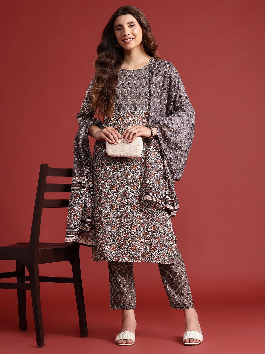 Anouk Ethnic Motif Print Kurta with Trousers & Dupatta